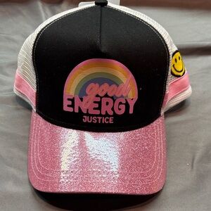 Justice Girls "Good Energy" Trucker‎ Hat - NWT Pink Glitter Rainbow Mesh Cap